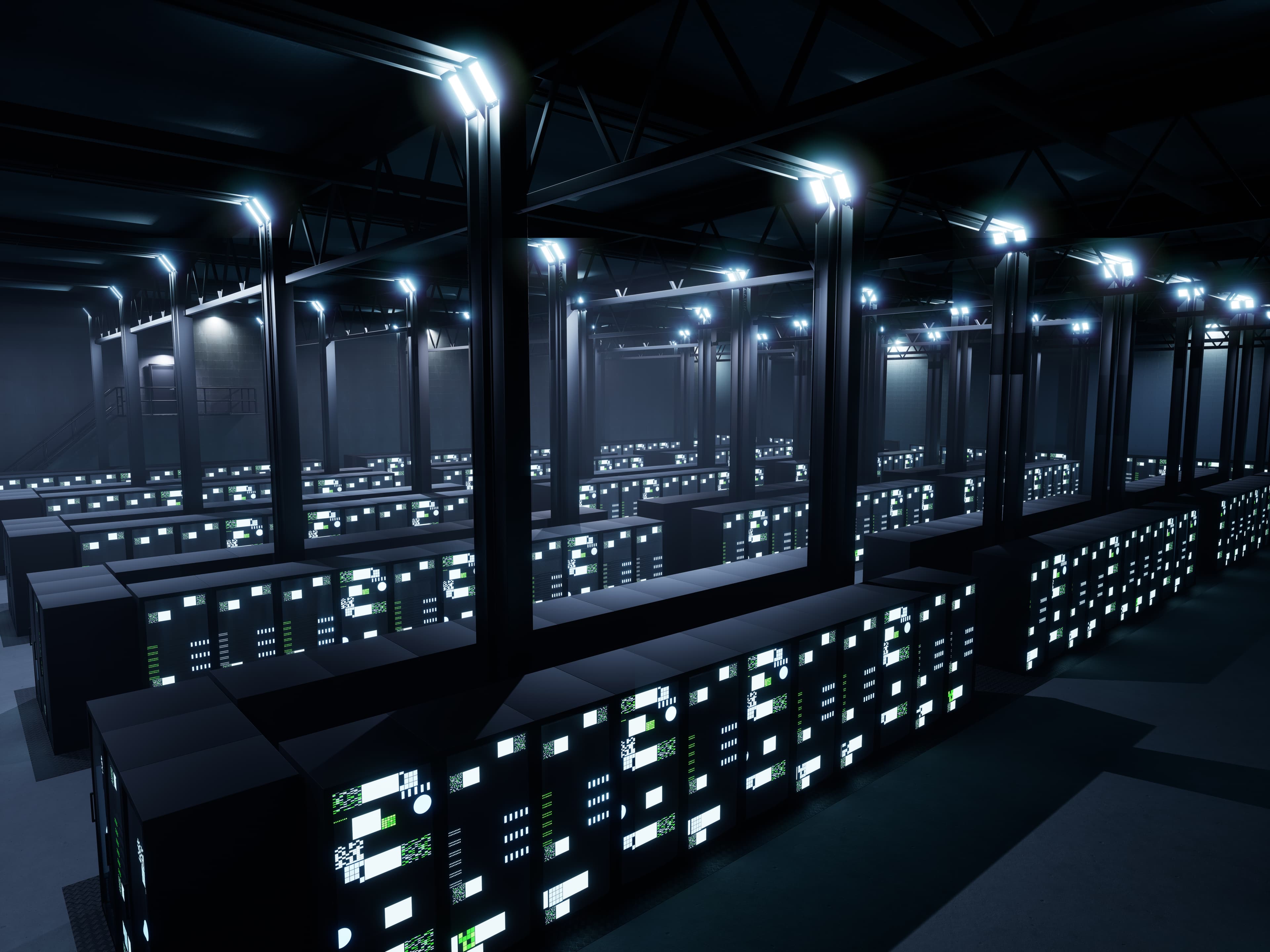 Modern data center with server racks and blockchain infrastructure